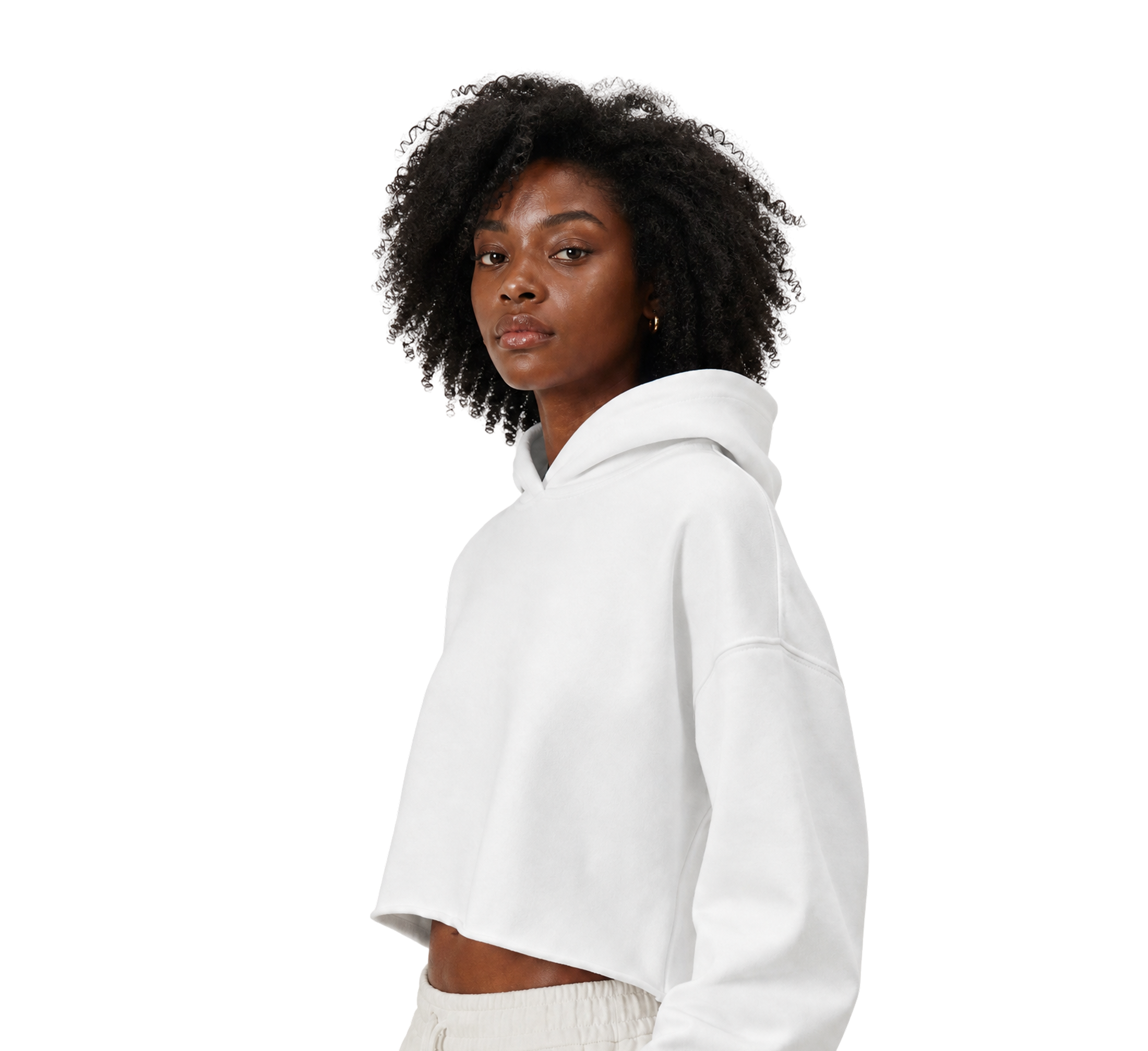 Cropped hoodie three-quarter view