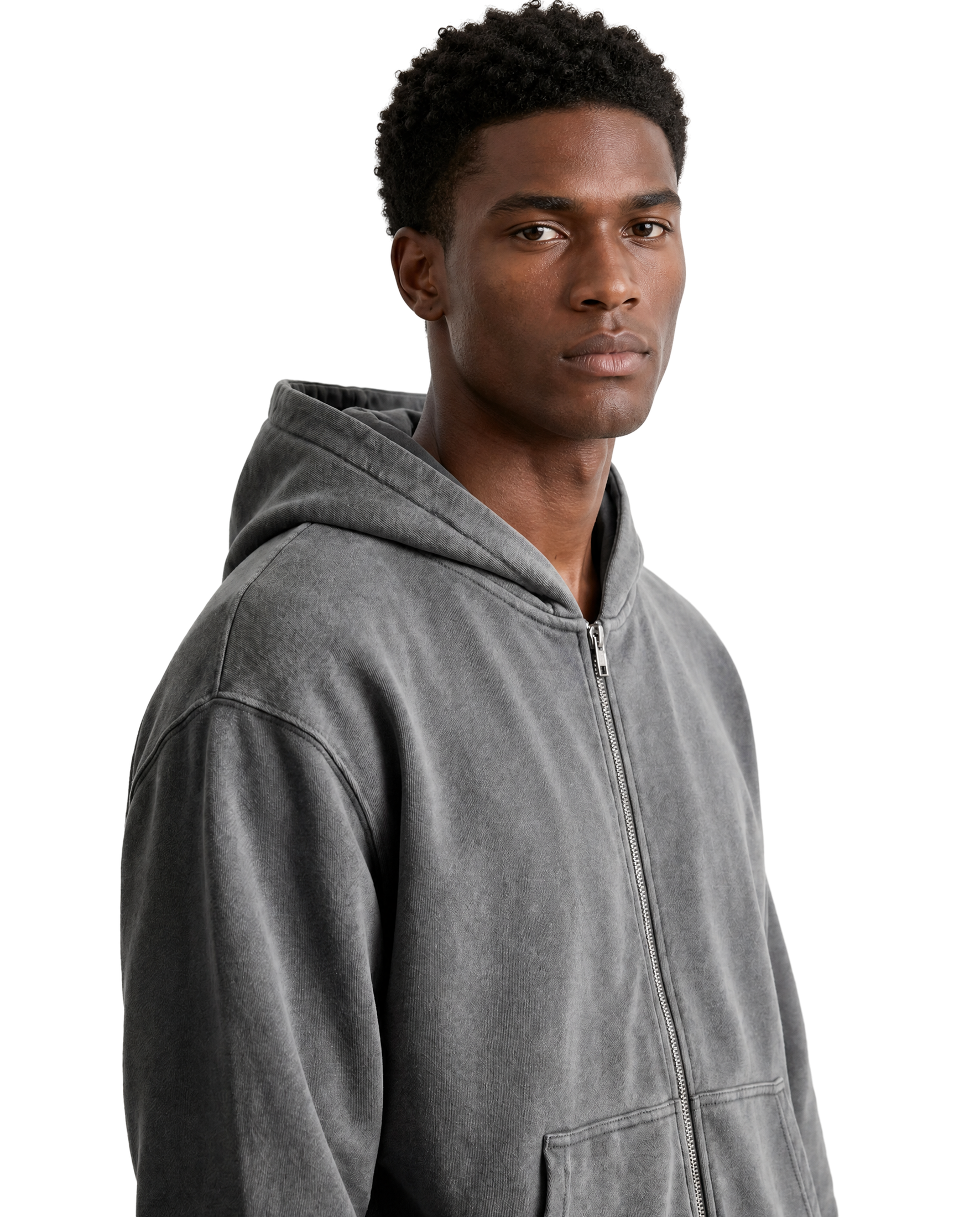 Grey hoodie three-quarter view